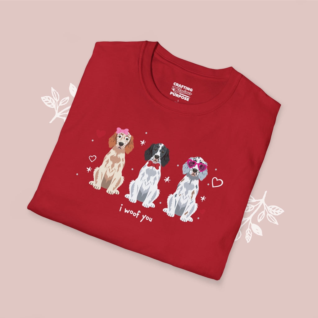 I Woof You Cute English Setter Trio Dog Tee — Valentine's T-Shirt