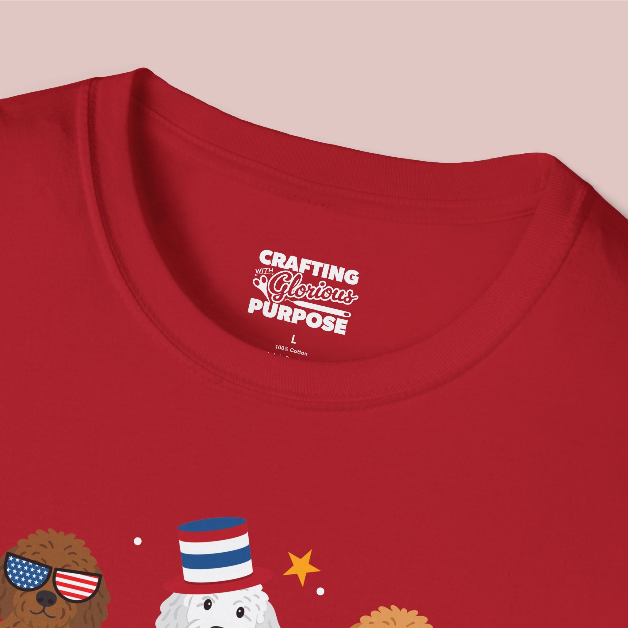 Goldendoodle Patriotic Dog Trio T-Shirt — 'Red, White & Woof' Cute America Graphic Tee