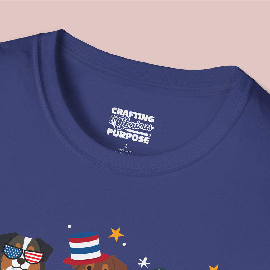 Australian Shepherd Patriotic Dog Trio T-Shirt — 'Red, White & Woof' Cute America Graphic Tee