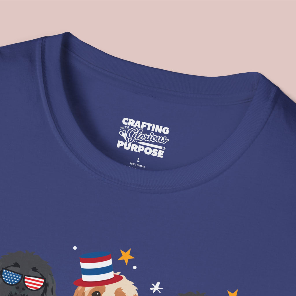 Cavapoo Patriotic Dog Trio T-Shirt — 'Red, White & Woof' Cute America Graphic Tee