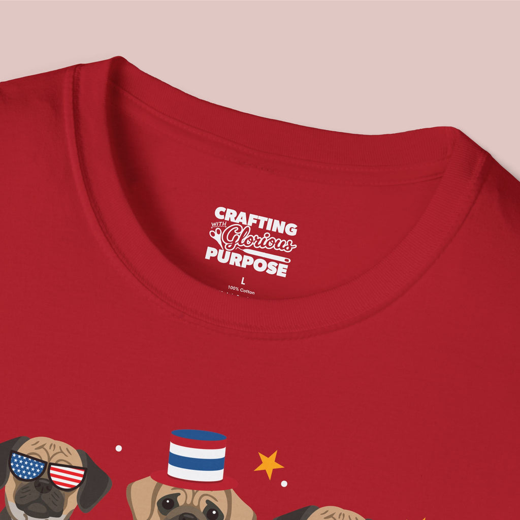 Puggle Patriotic Dog Trio T-Shirt — 'Red, White & Woof' Cute America Graphic Tee