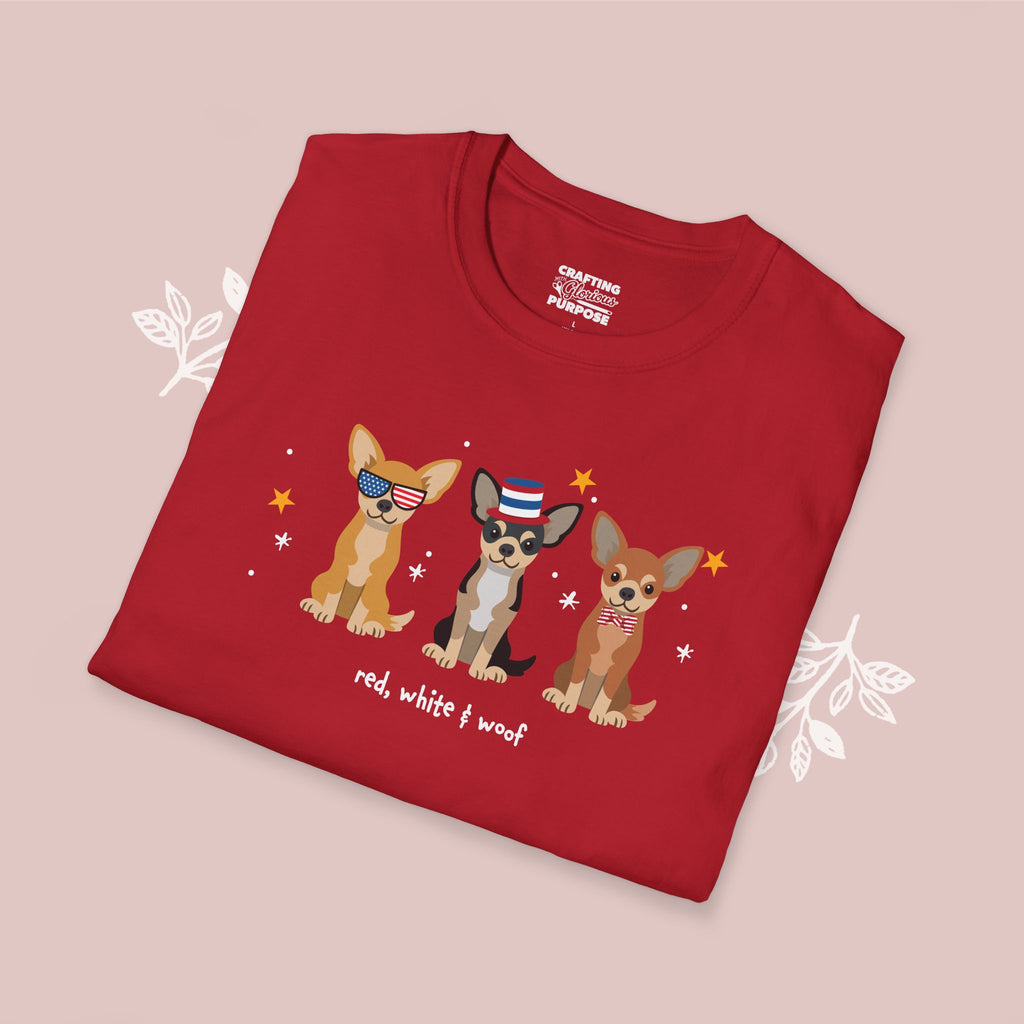 Chihuahua Patriotic Dog Trio T-Shirt — 'Red, White & Woof' Cute America Graphic Tee