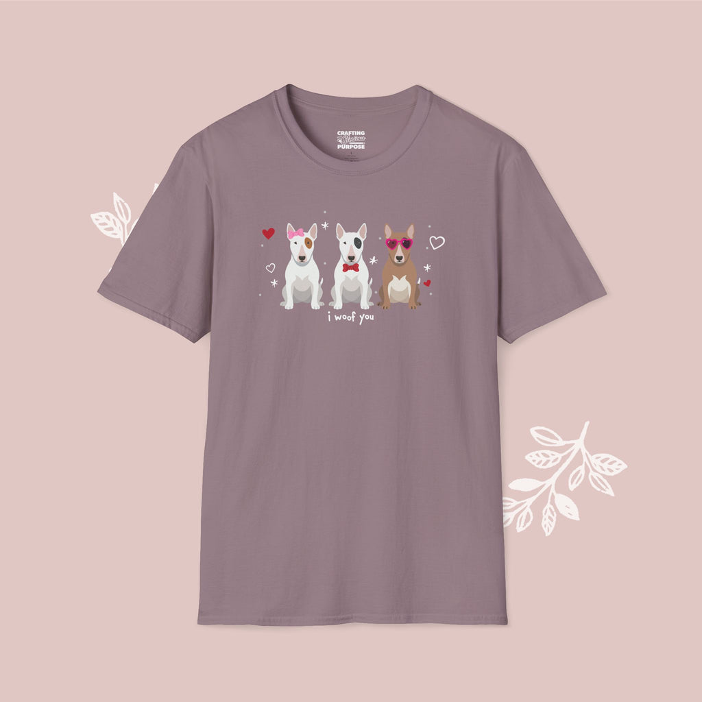 I Woof You Cute Bull Terrier Trio Dog Tee — Valentine's T-Shirt