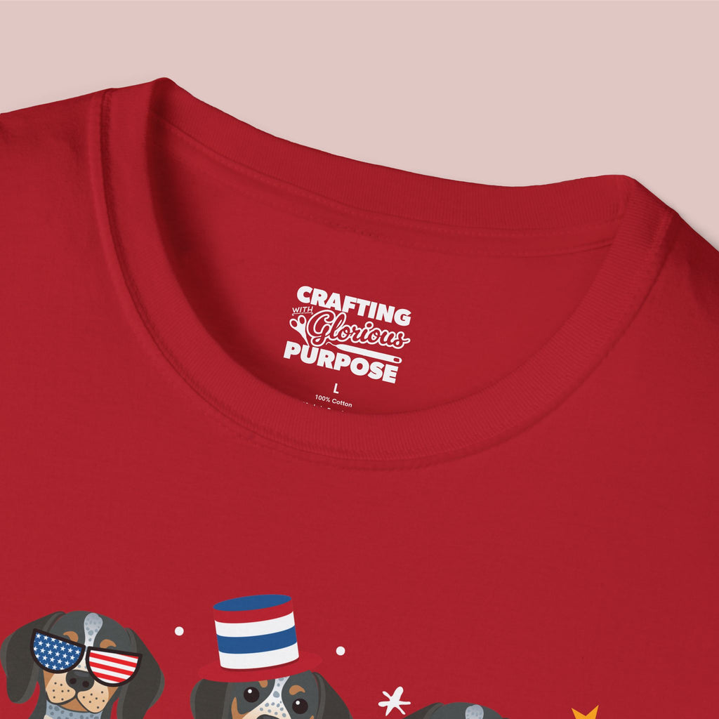 Bluetick Coonhound Patriotic Dog Trio T-Shirt — 'Red, White & Woof' Cute America Graphic Tee