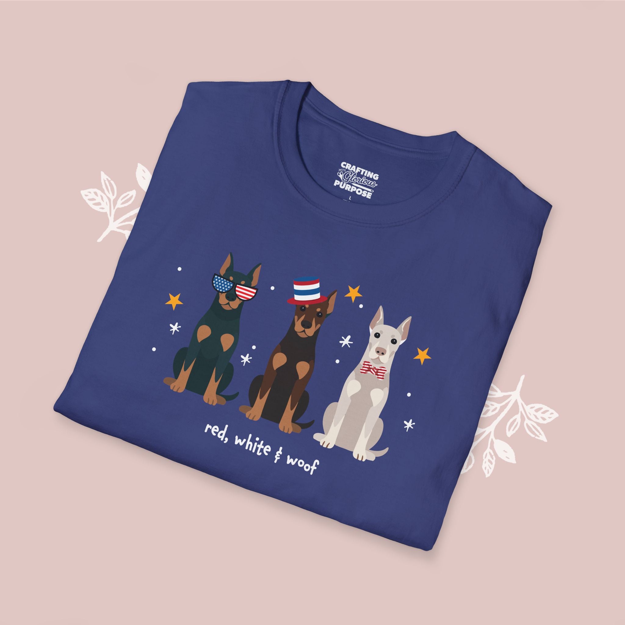 Dobermann Patriotic Dog Trio T-Shirt — 'Red, White & Woof' Cute America Graphic Tee