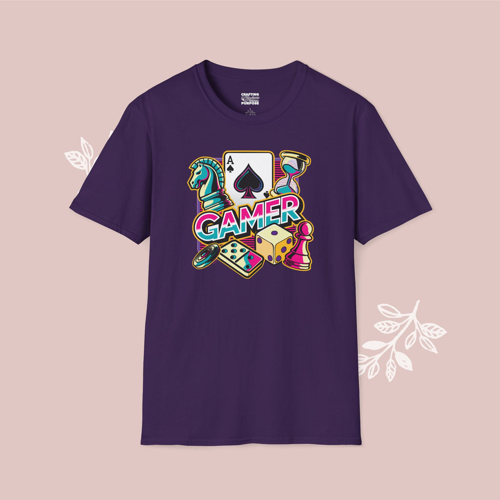 Gamer Board Game Graphic T-Shirt — Retro Dice, Cards & Chess Pieces Design