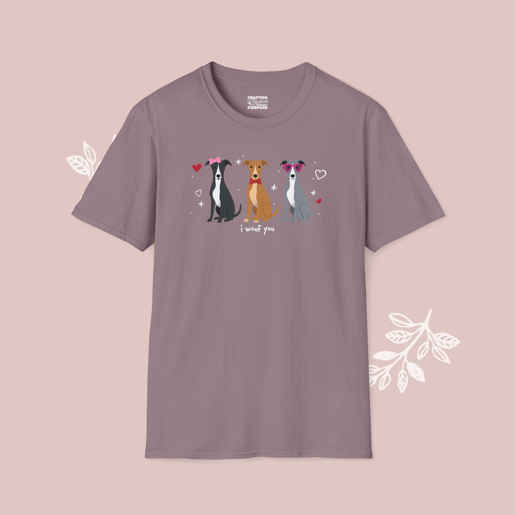 I Woof You Cute Greyhound Trio Dog Tee — Valentine's T-Shirt