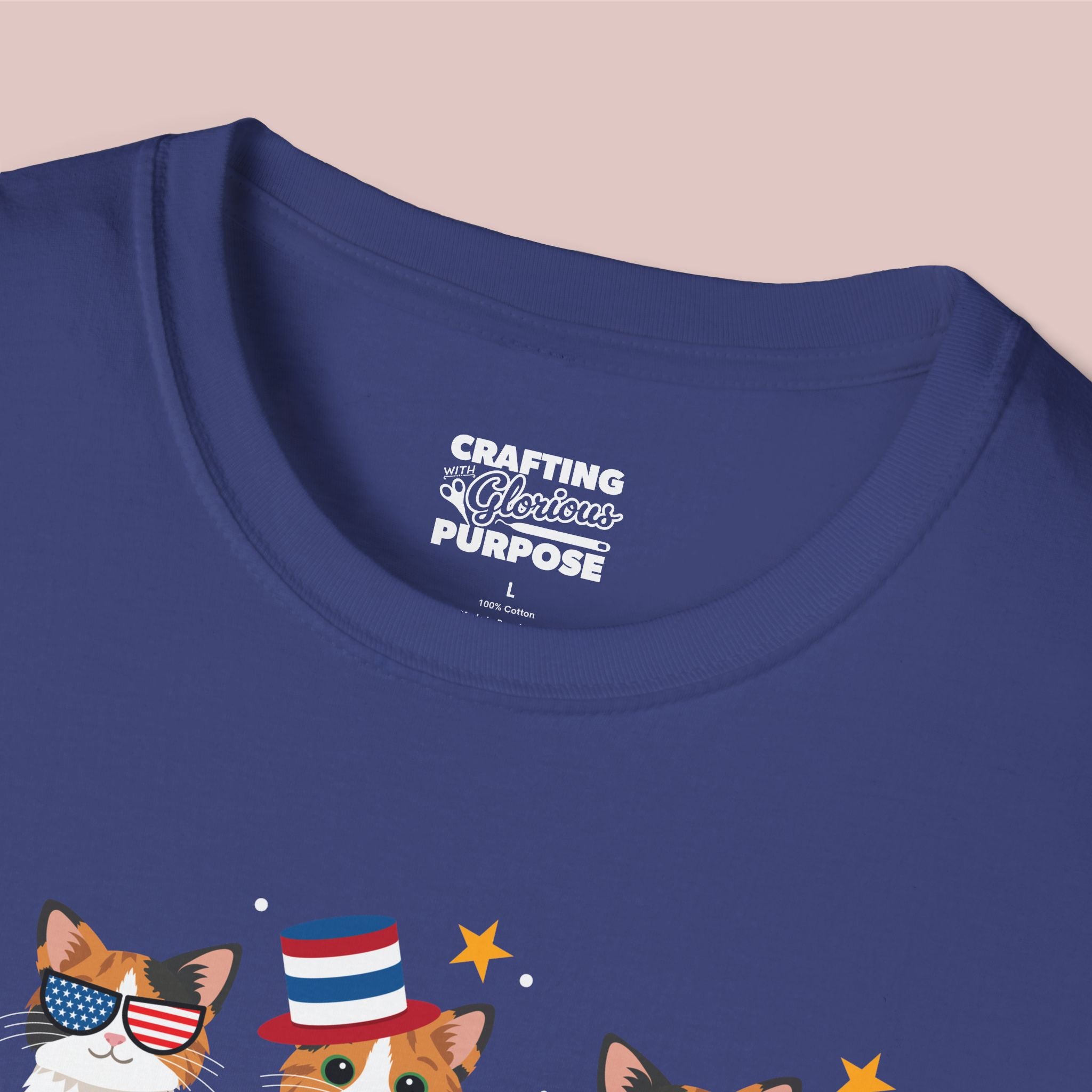 Navy blue t-shirt with cat graphics and text on a beige background
