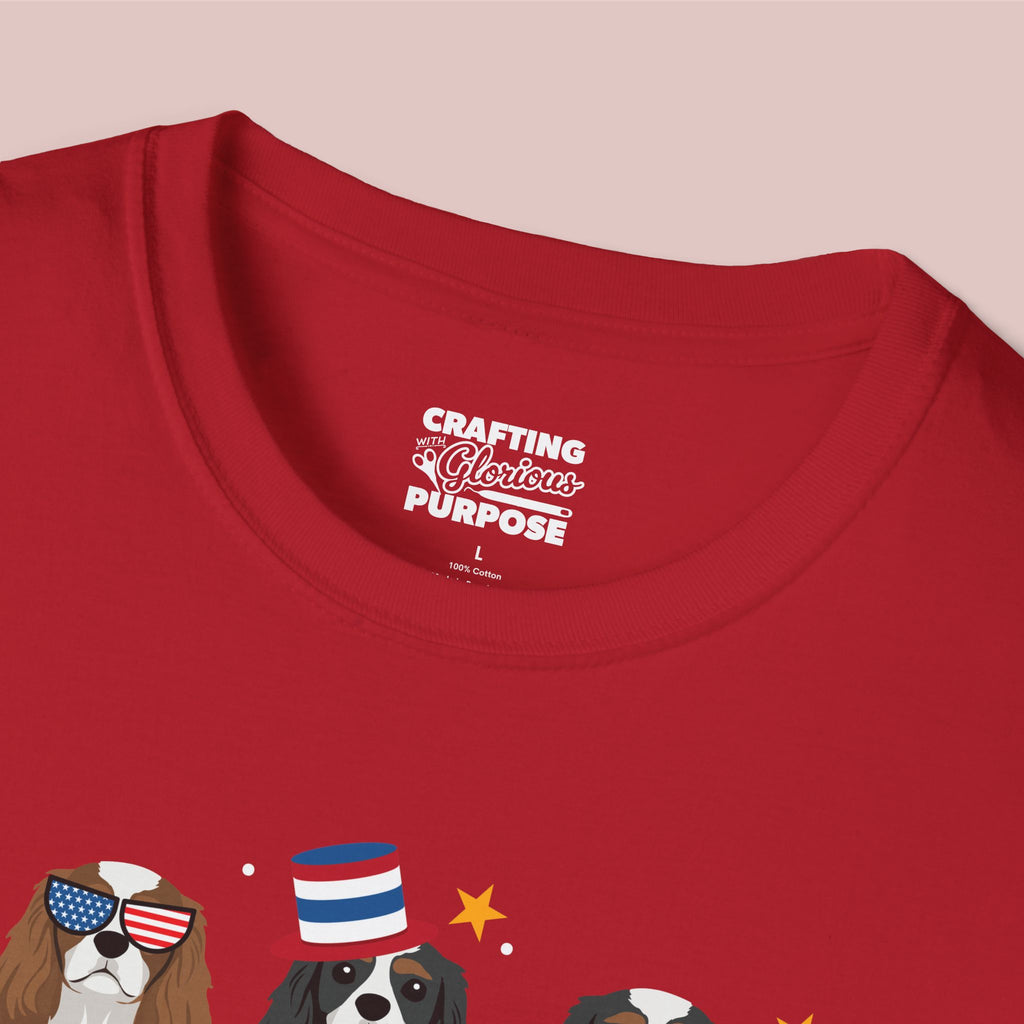 Cavalier King Charles Patriotic Dog Trio T-Shirt — 'Red, White & Woof' Cute America Graphic Tee