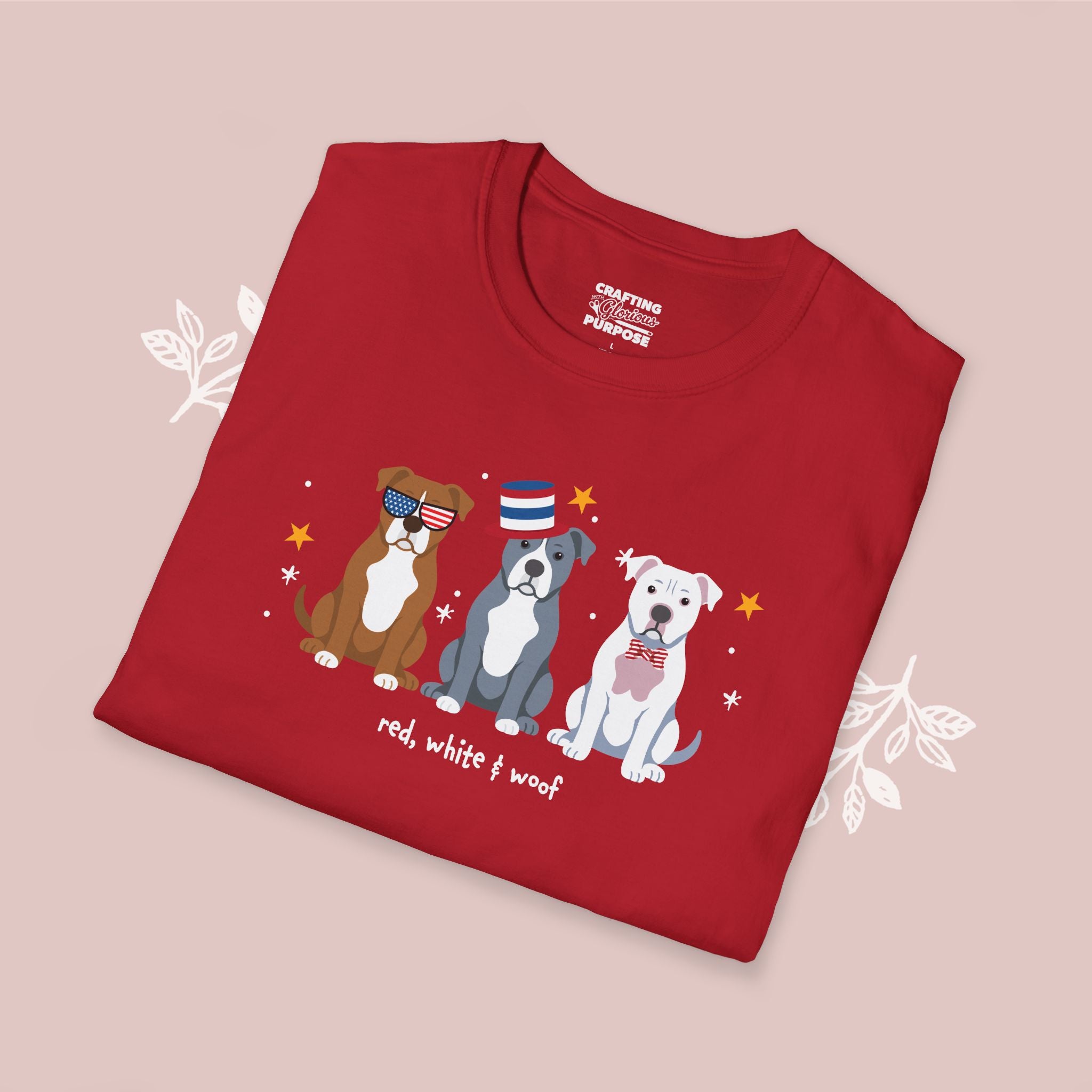 Pitbull Patriotic Dog Trio T-Shirt — 'Red, White & Woof' Cute America Graphic Tee