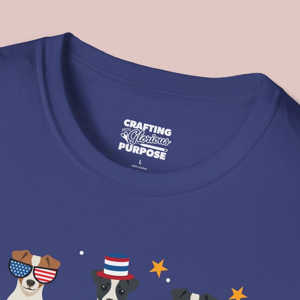 Jack Russell Terrier Patriotic Dog Trio T-Shirt — 'Red, White & Woof' Cute America Graphic Tee