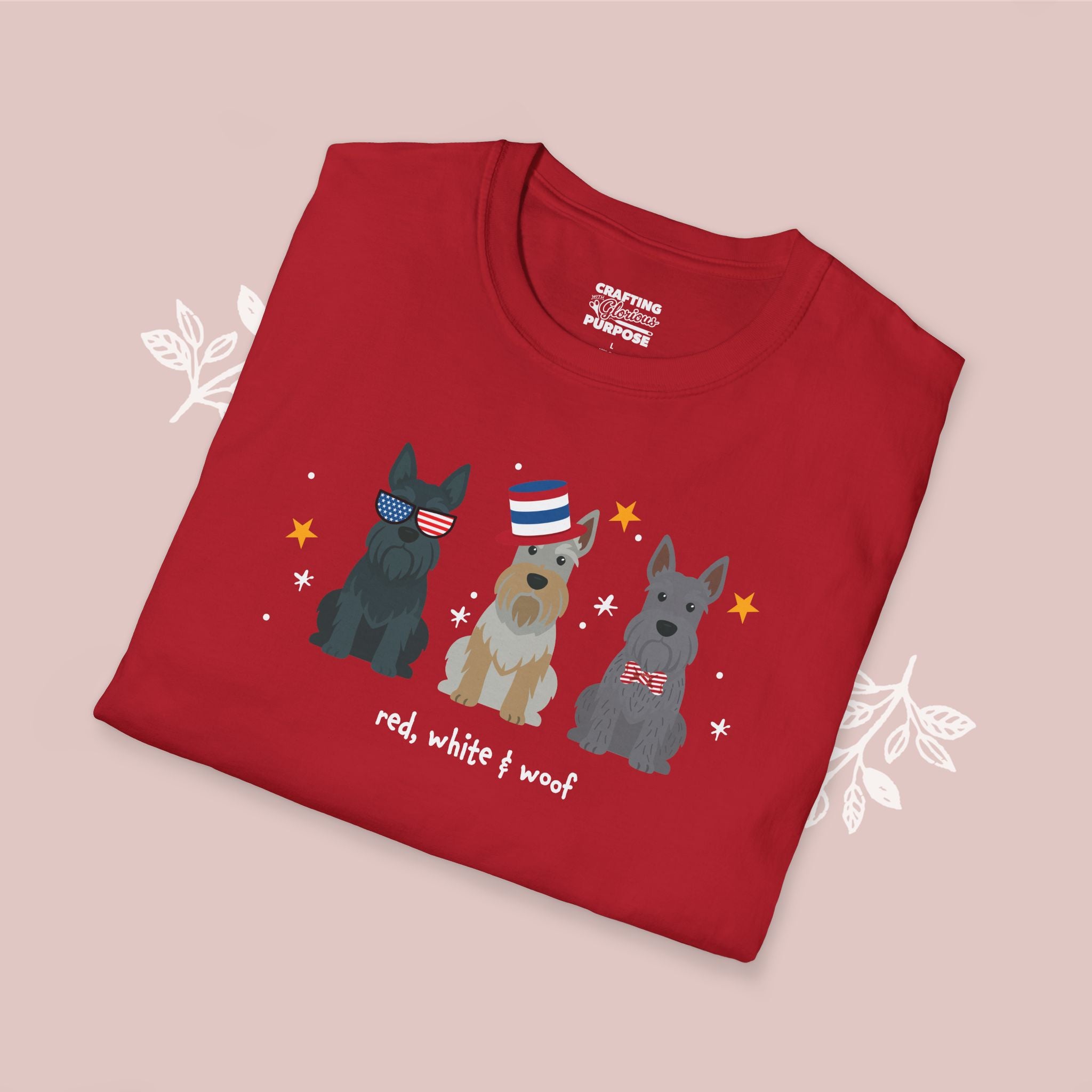Scottish Terrier Patriotic Dog Trio T-Shirt — 'Red, White & Woof' Cute America Graphic Tee