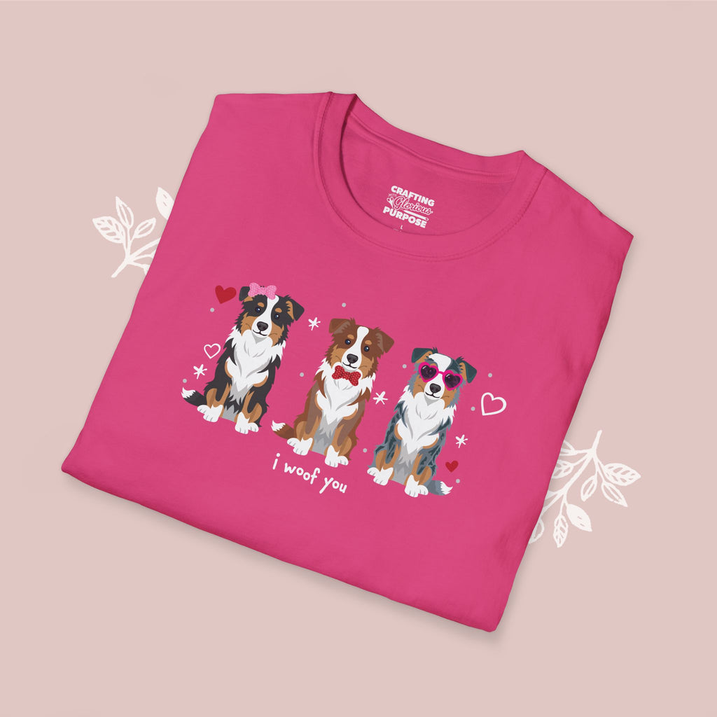 I Woof You Cute Mini Aussie Trio Dog Tee — Valentine's T-Shirt