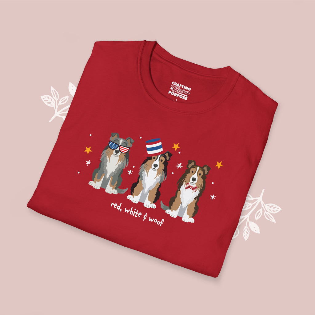 Shetland Sheepdog Patriotic Dog Trio T-Shirt — 'Red, White & Woof' Cute America Graphic Tee