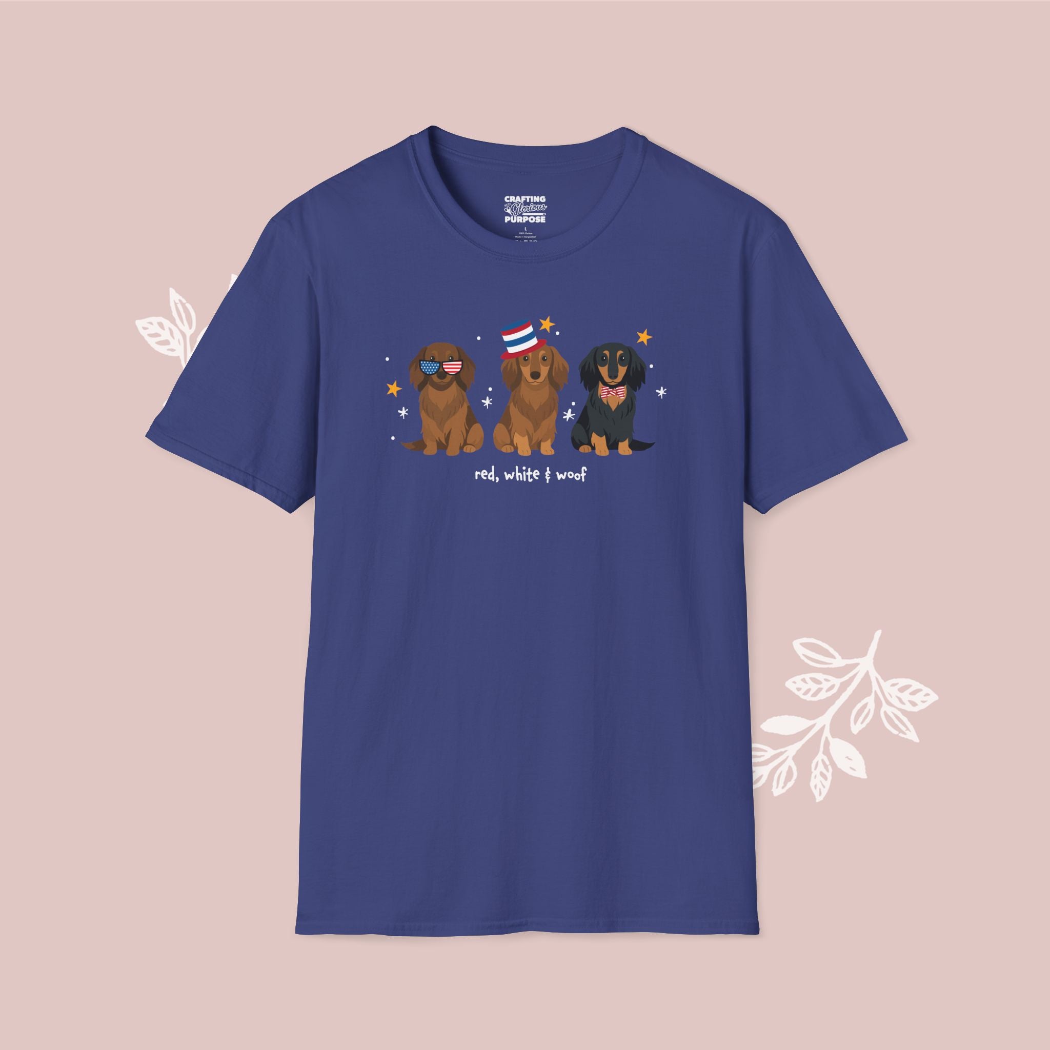 Dachshund Long Haired Patriotic Dog Trio T-Shirt — 'Red, White & Woof' Cute America Graphic Tee