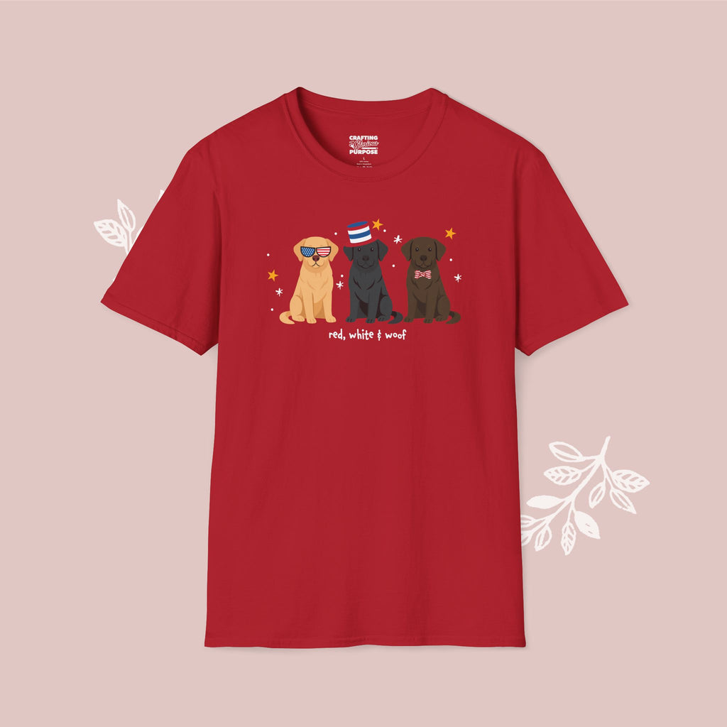 Labrador Retriever Patriotic Dog Trio T-Shirt — 'Red, White & Woof' Cute America Graphic Tee
