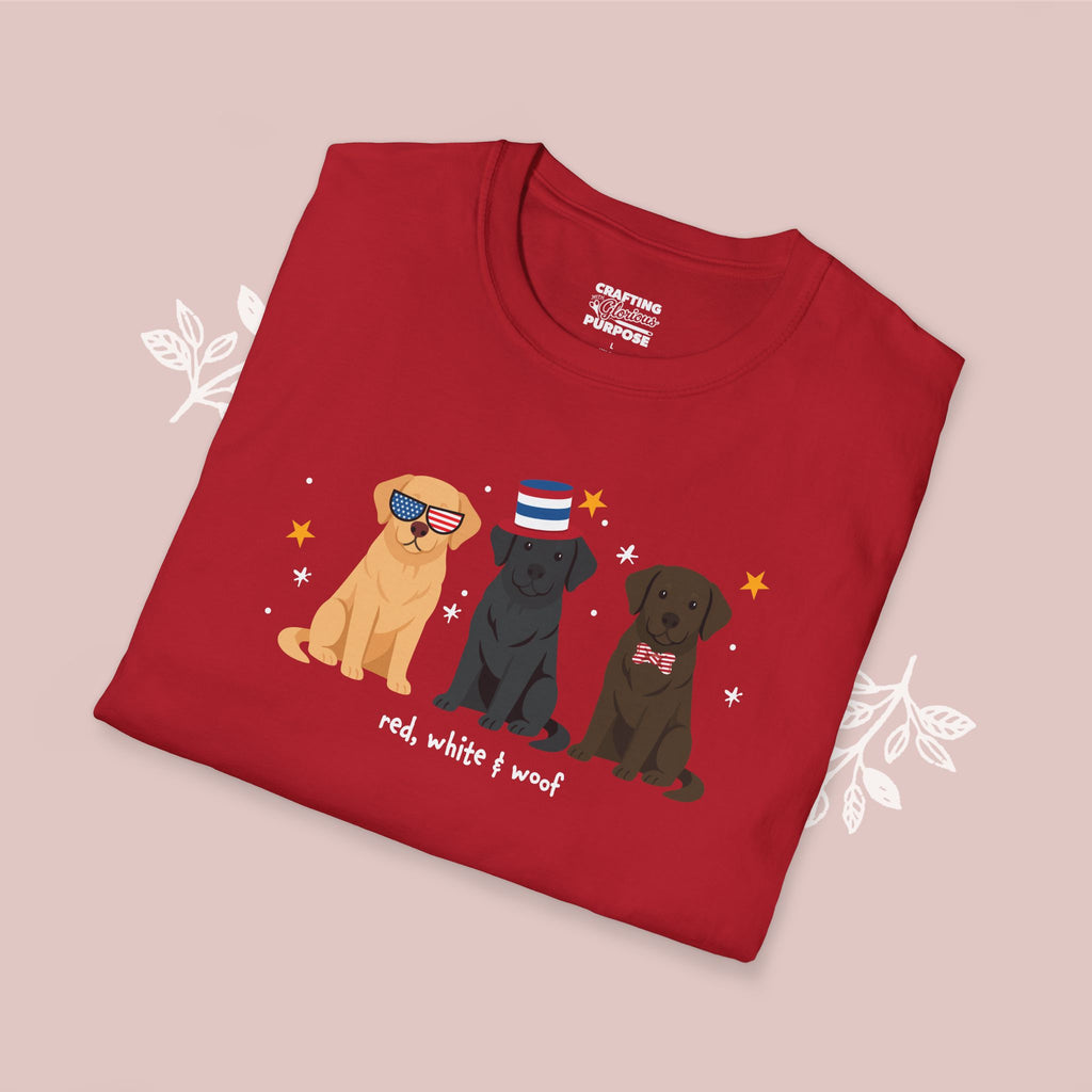 Labrador Retriever Patriotic Dog Trio T-Shirt — 'Red, White & Woof' Cute America Graphic Tee