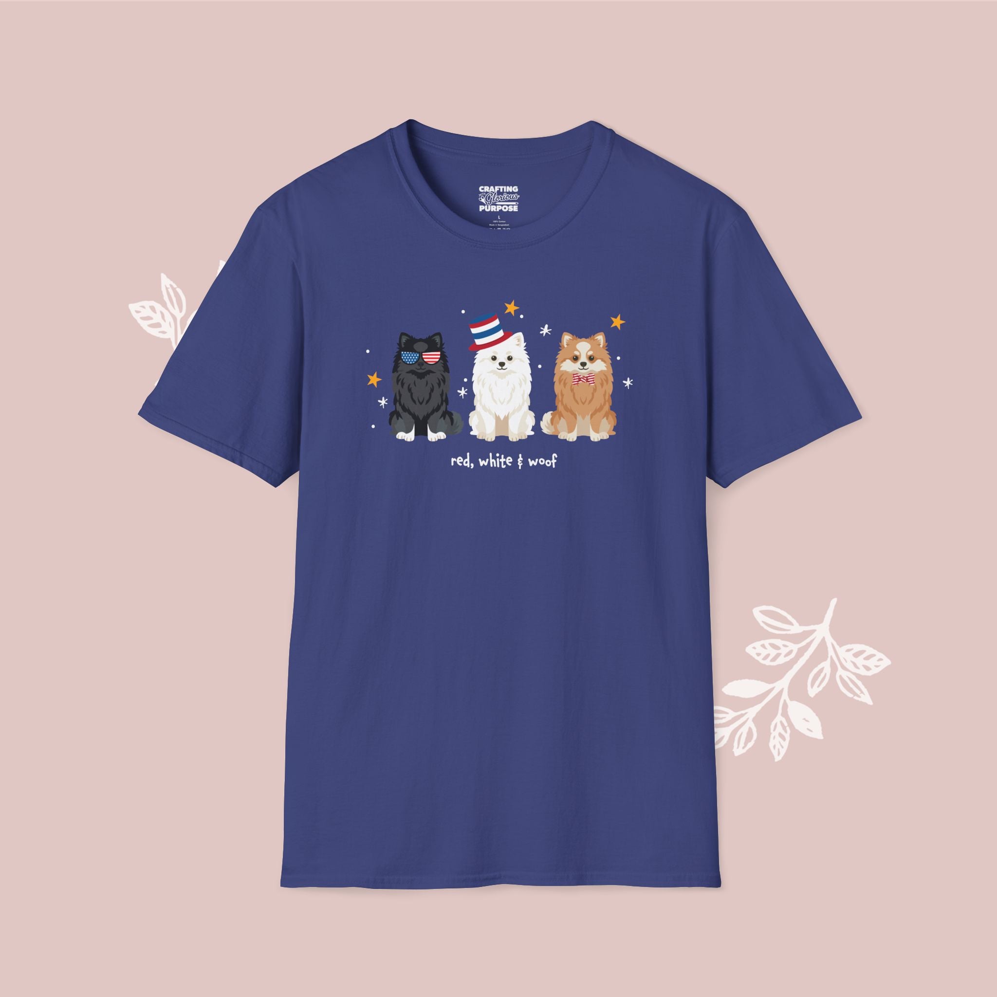 Pomeranian Patriotic Dog Trio T-Shirt — 'Red, White & Woof' Cute America Graphic Tee