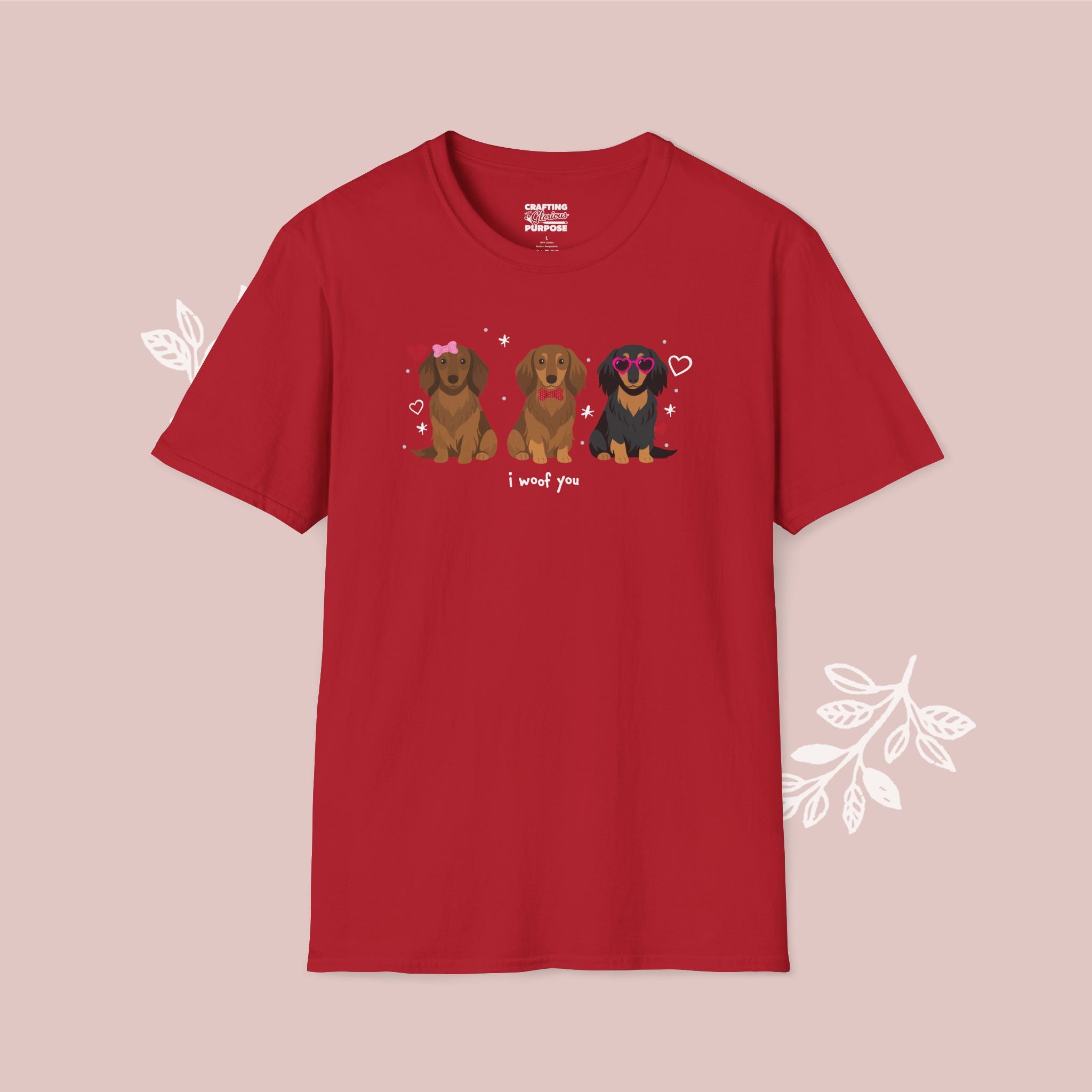 I Woof You Cute Dachshund (Long Haired) Trio Dog Tee — Valentine's T-Shirt