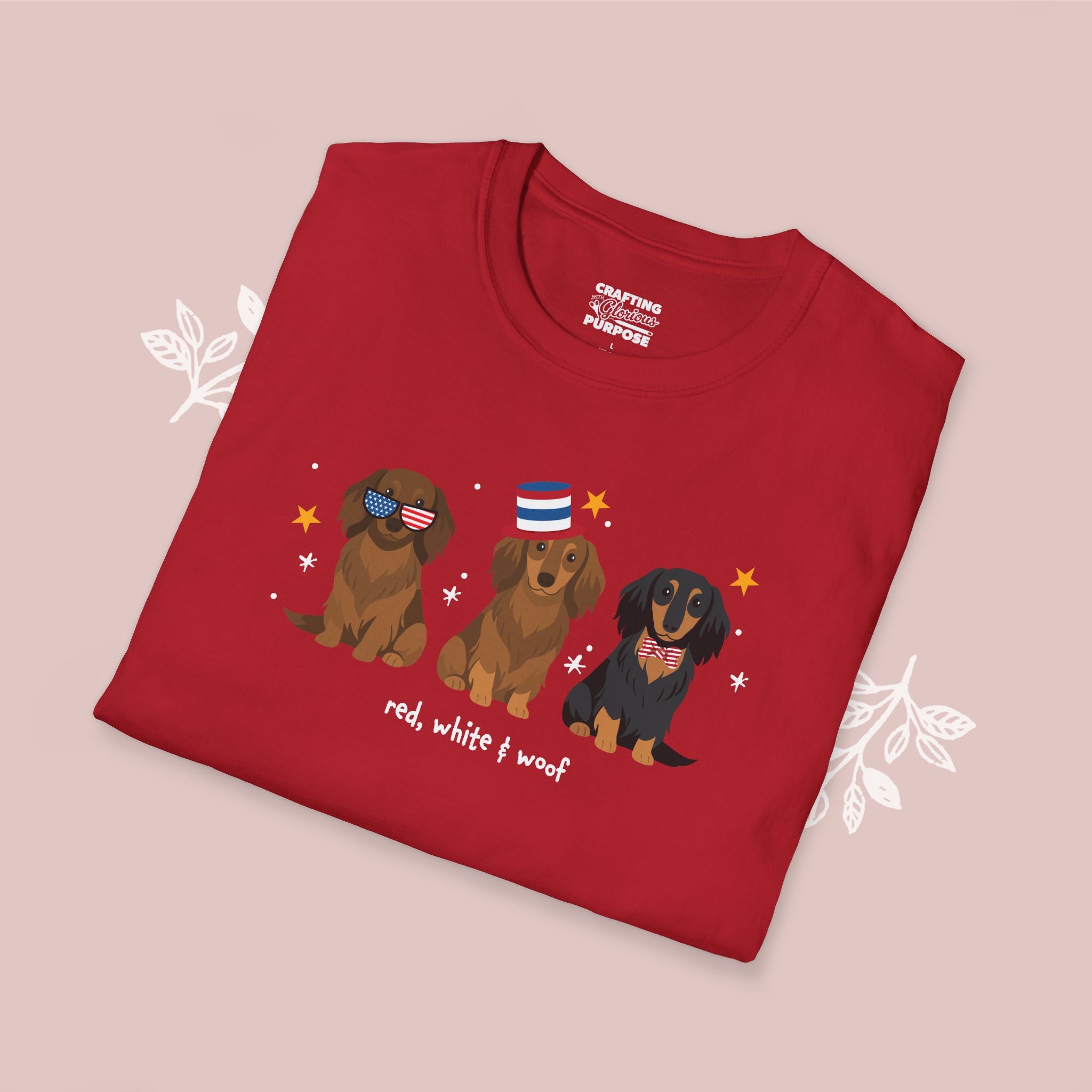 Dachshund Long Haired Patriotic Dog Trio T-Shirt — 'Red, White & Woof' Cute America Graphic Tee
