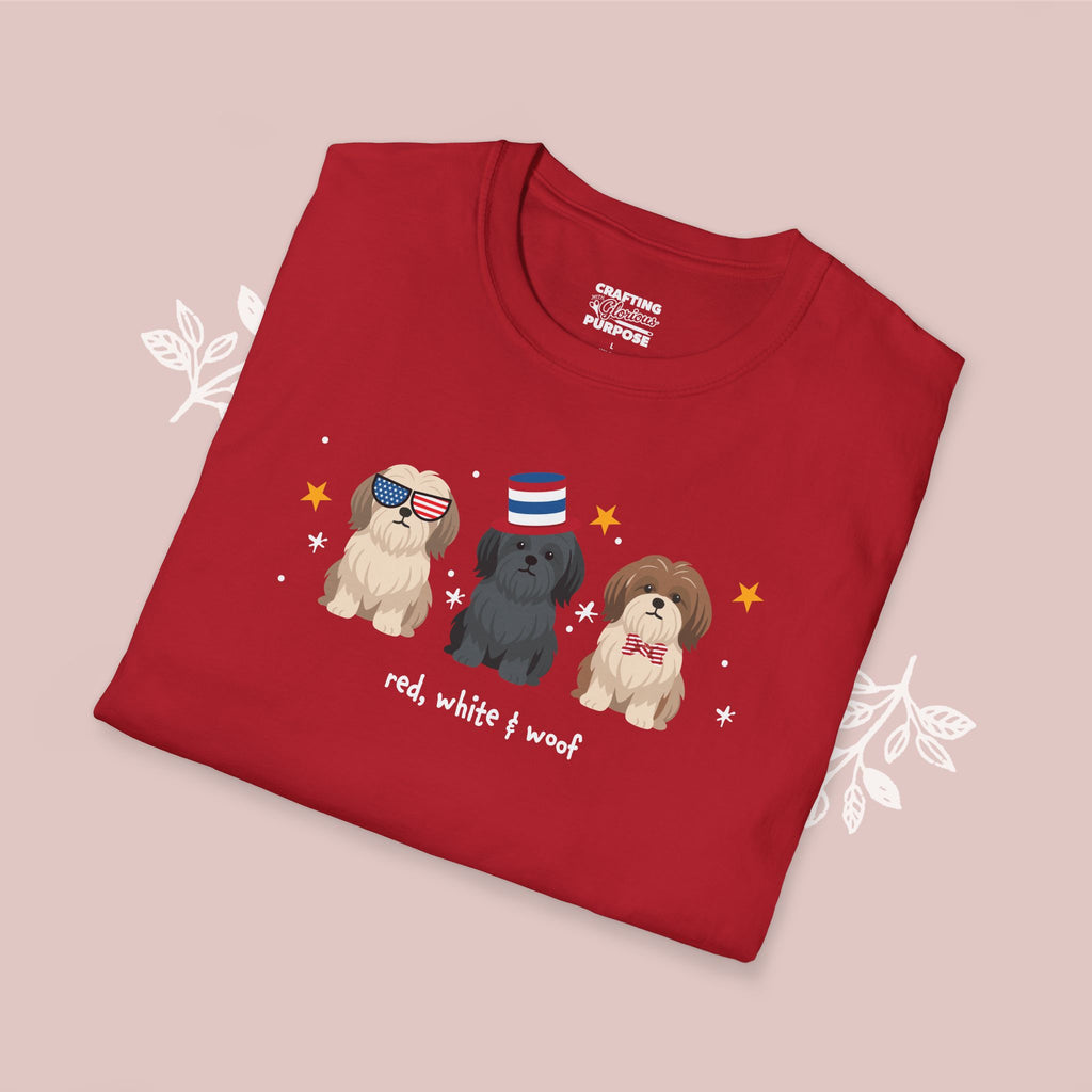 Lhasa Aspo Patriotic Dog Trio T-Shirt — 'Red, White & Woof' Cute America Graphic Tee