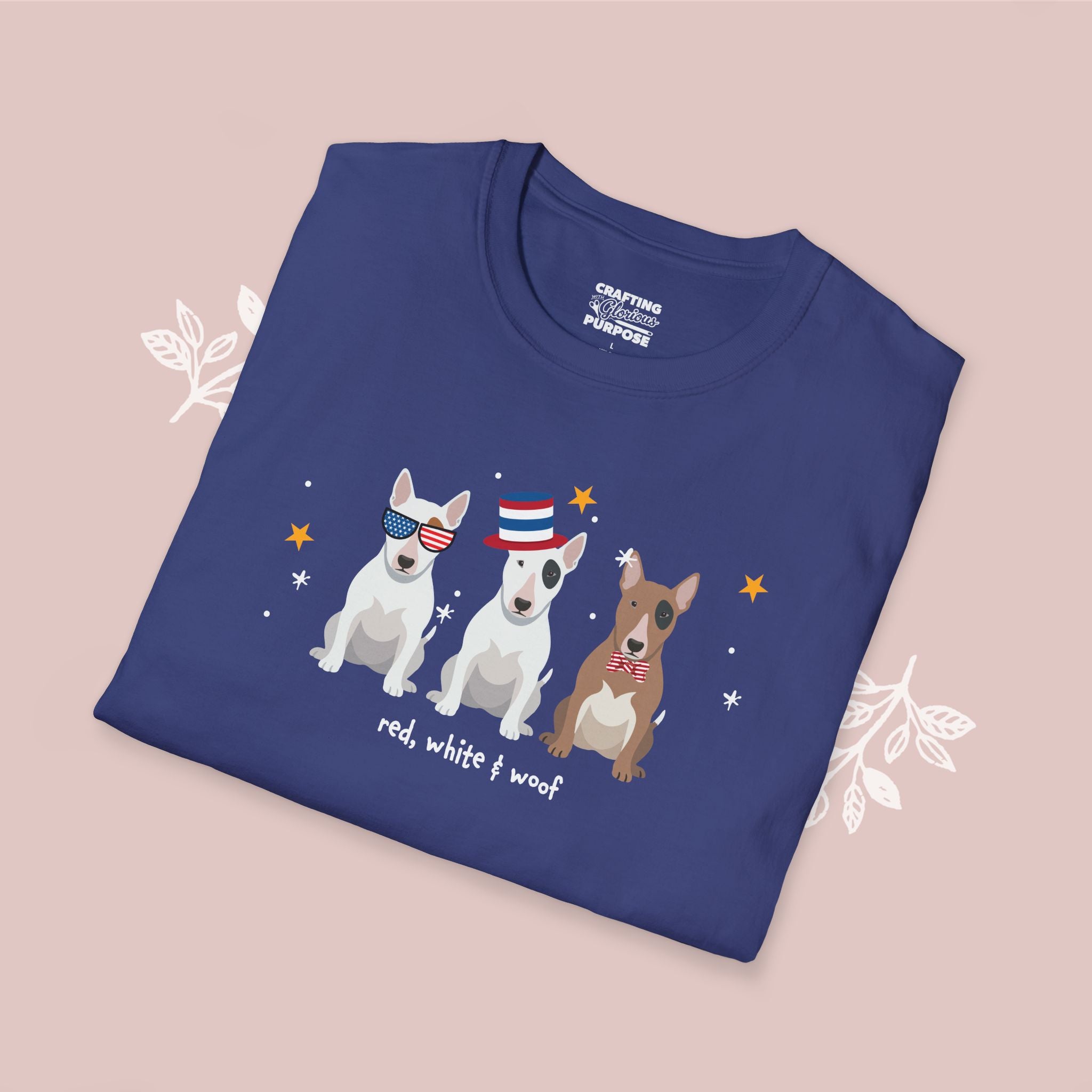 Bull Terrier Patriotic Dog Trio T-Shirt — 'Red, White & Woof' Cute America Graphic Tee