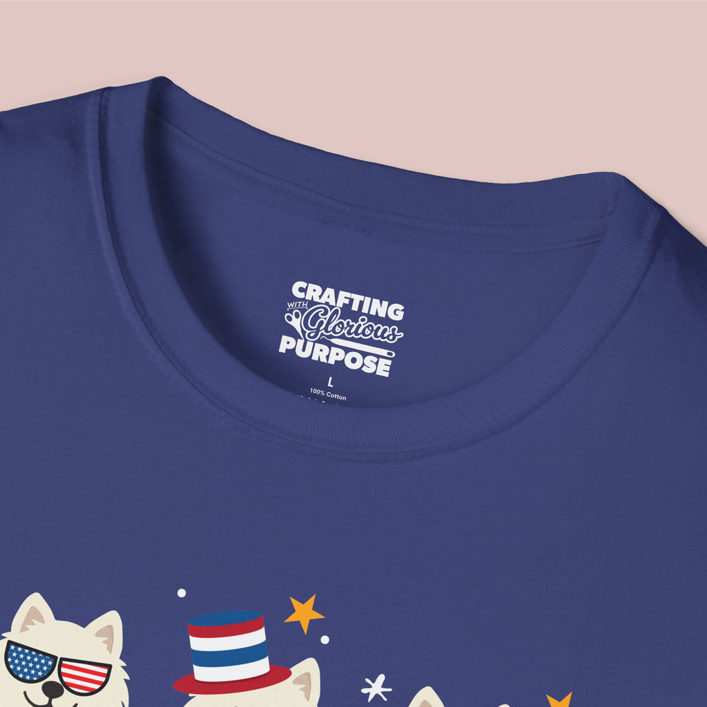 Samoyed Patriotic Dog Trio T-Shirt — 'Red, White & Woof' Cute America Graphic Tee