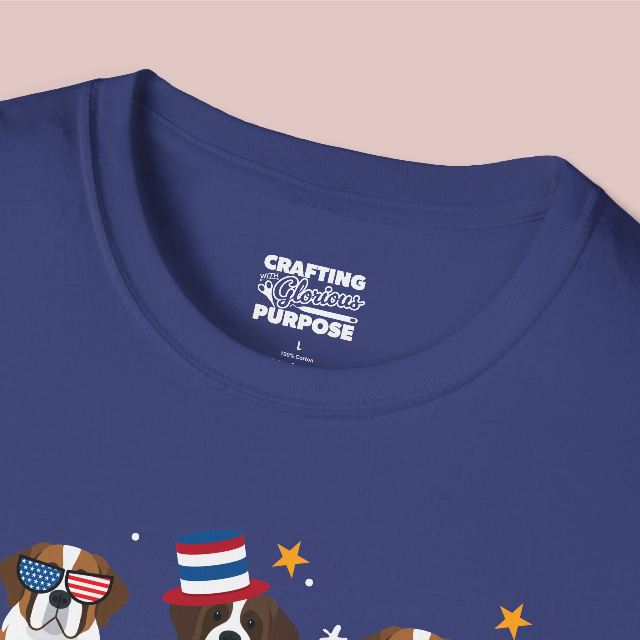 Saint Bernard Patriotic Dog Trio T-Shirt — 'Red, White & Woof' Cute America Graphic Tee