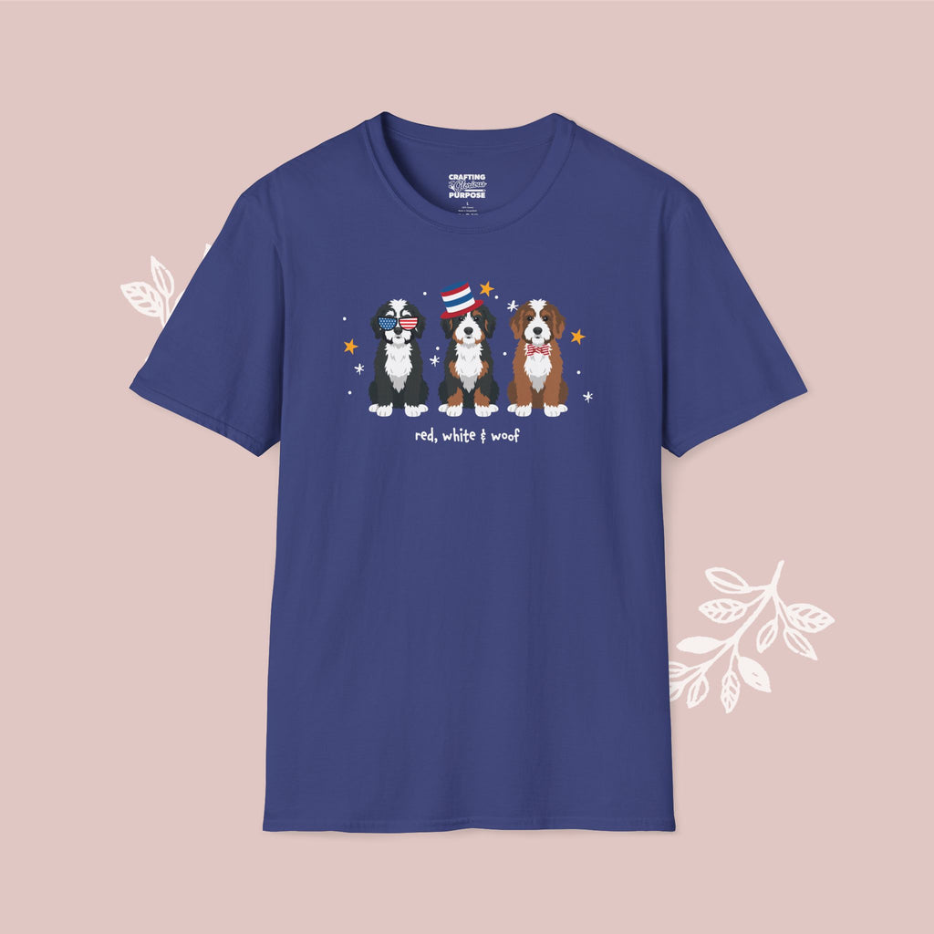 Bernedoodle Patriotic Dog Trio T-Shirt — 'Red, White & Woof' Cute America Graphic Tee