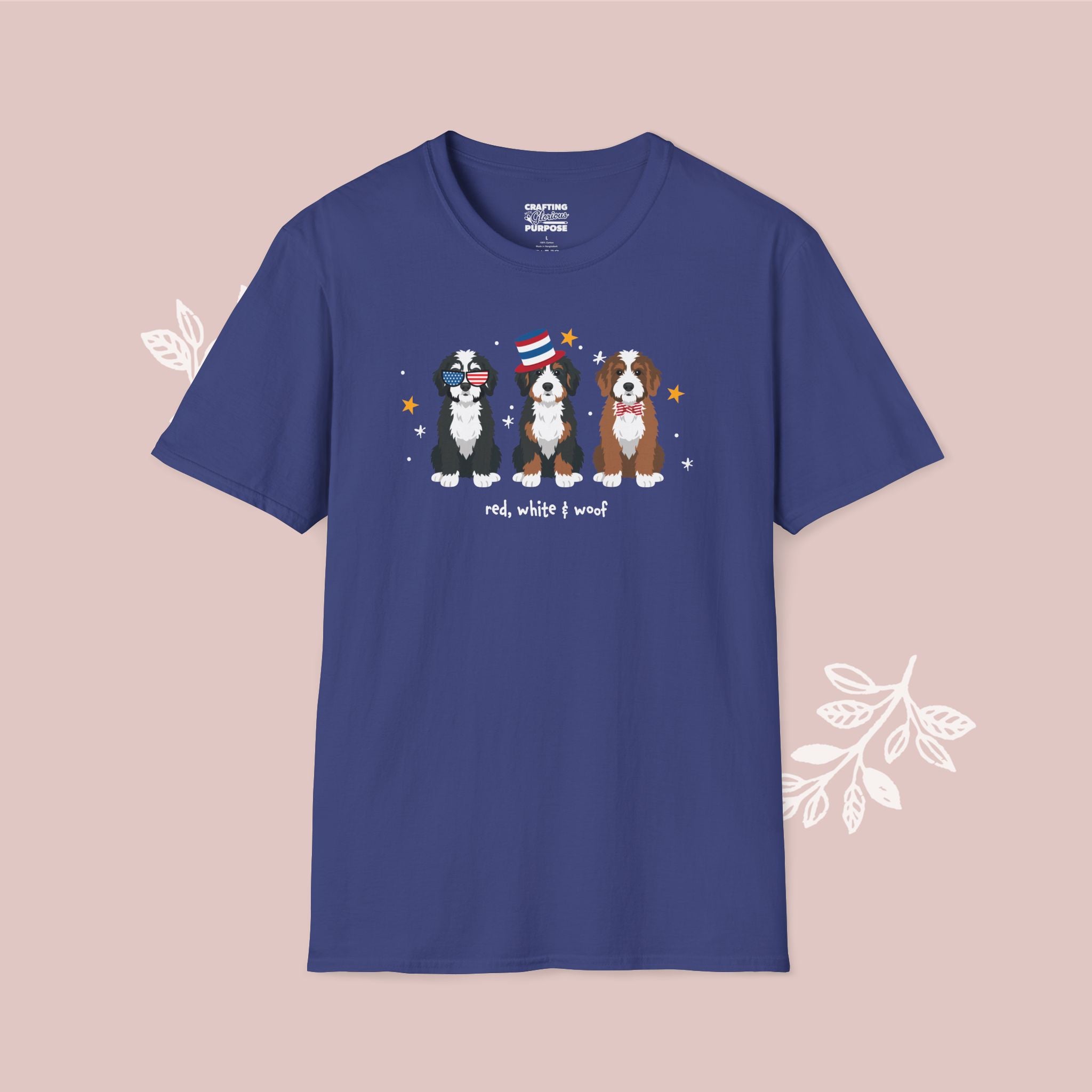 Bernedoodle Patriotic Dog Trio T-Shirt — 'Red, White & Woof' Cute America Graphic Tee