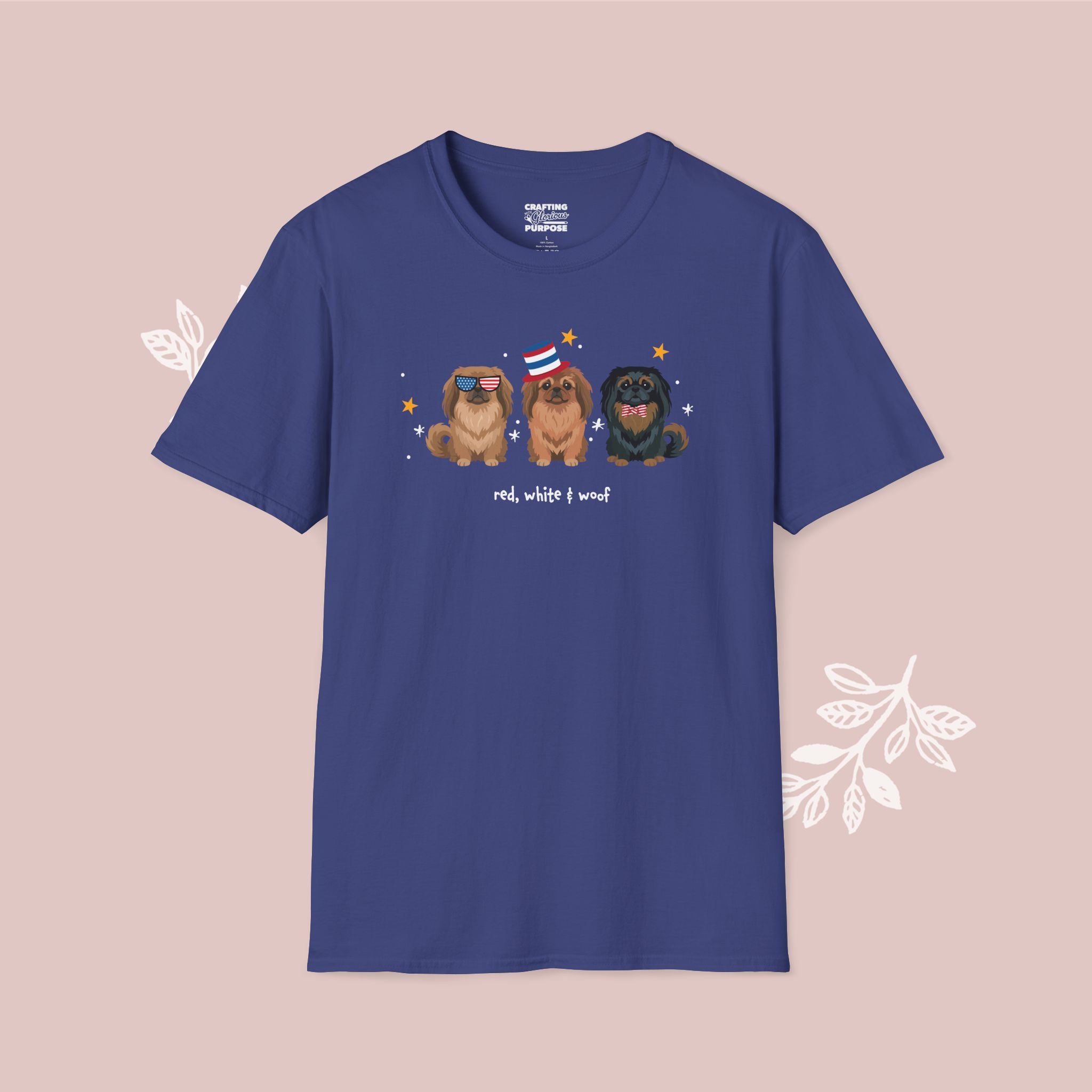 Pekingese Patriotic Dog Trio T-Shirt — 'Red, White & Woof' Cute America Graphic Tee