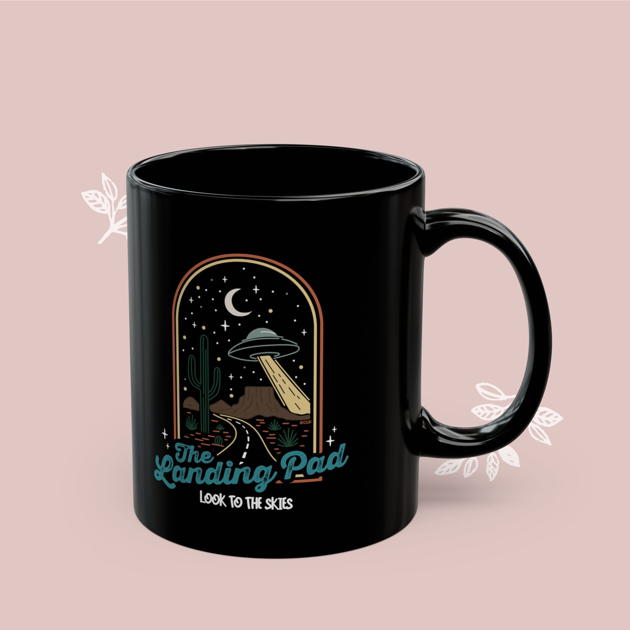 UFO Coffee Mug — "The Landing Pad" Retro Desert Alien Design