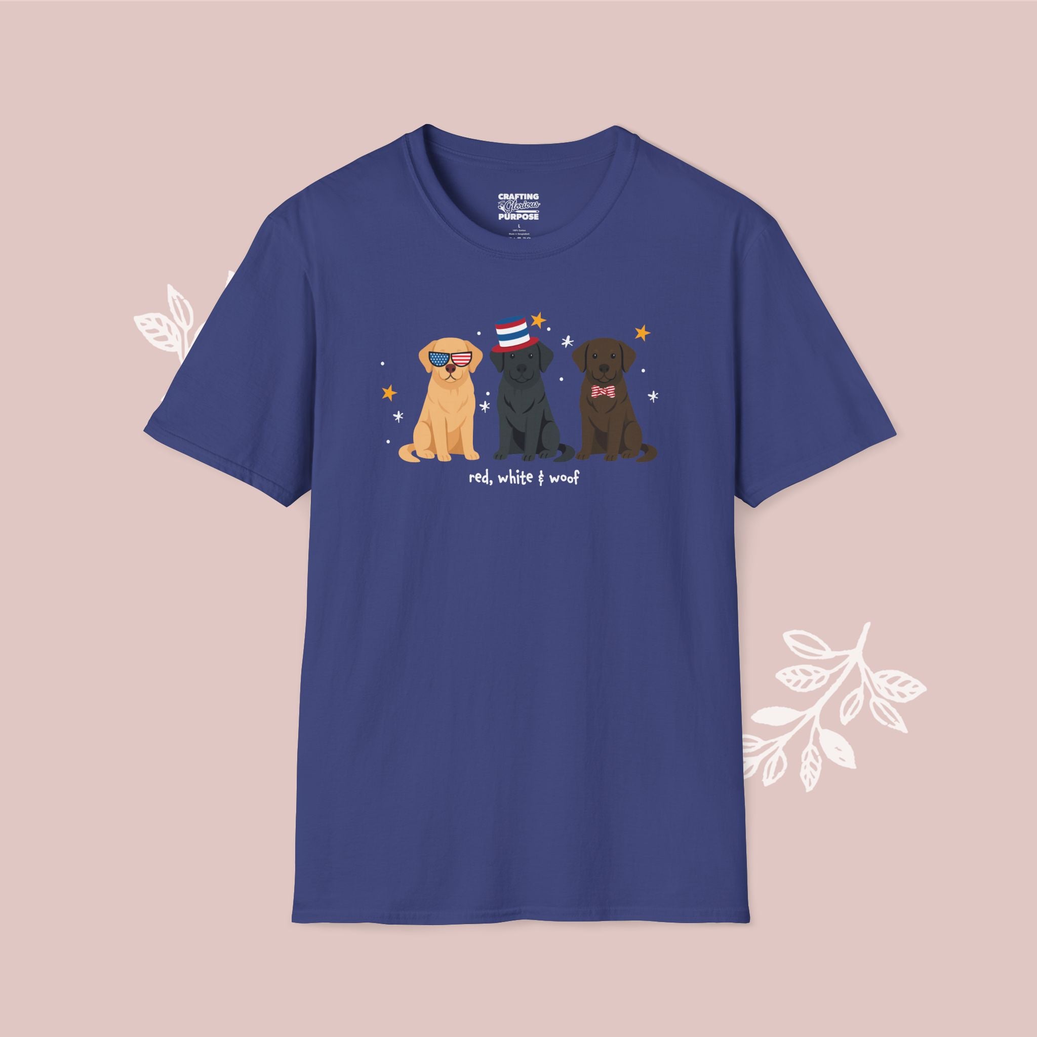Labrador Retriever Patriotic Dog Trio T-Shirt — 'Red, White & Woof' Cute America Graphic Tee
