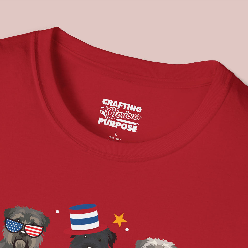 Bouvier Patriotic Dog Trio T-Shirt — 'Red, White & Woof' Cute America Graphic Tee