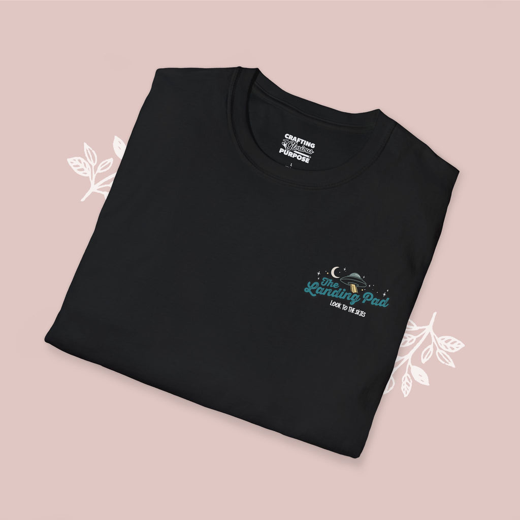 The Landing Pad Tee — "The Landing Pad: Look to the Skies" Retro UFO Graphic T-Shirt