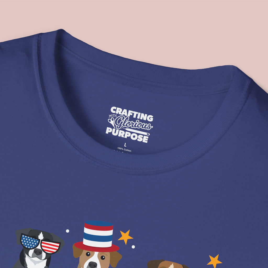 Mountain Cur Patriotic Dog Trio T-Shirt — 'Red, White & Woof' Cute America Graphic Tee
