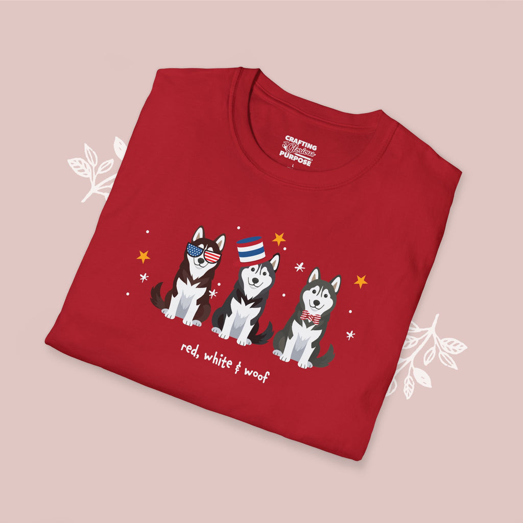 Husky Patriotic Dog Trio T-Shirt — 'Red, White & Woof' Cute America Graphic Tee