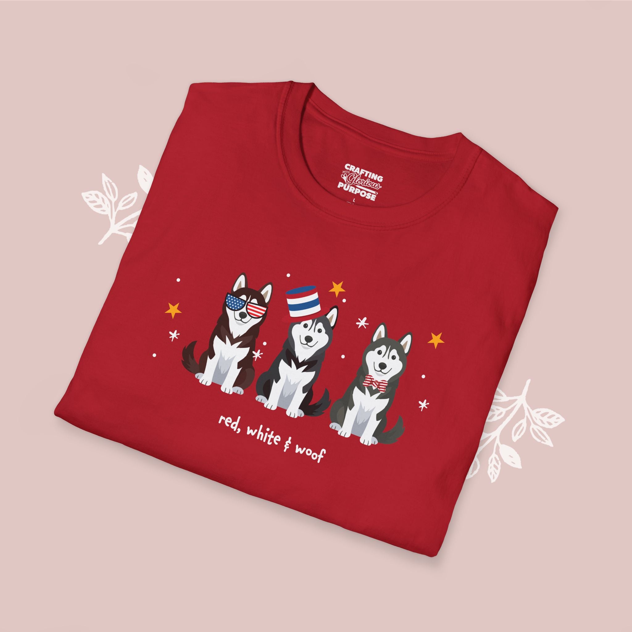 Husky Patriotic Dog Trio T-Shirt — 'Red, White & Woof' Cute America Graphic Tee