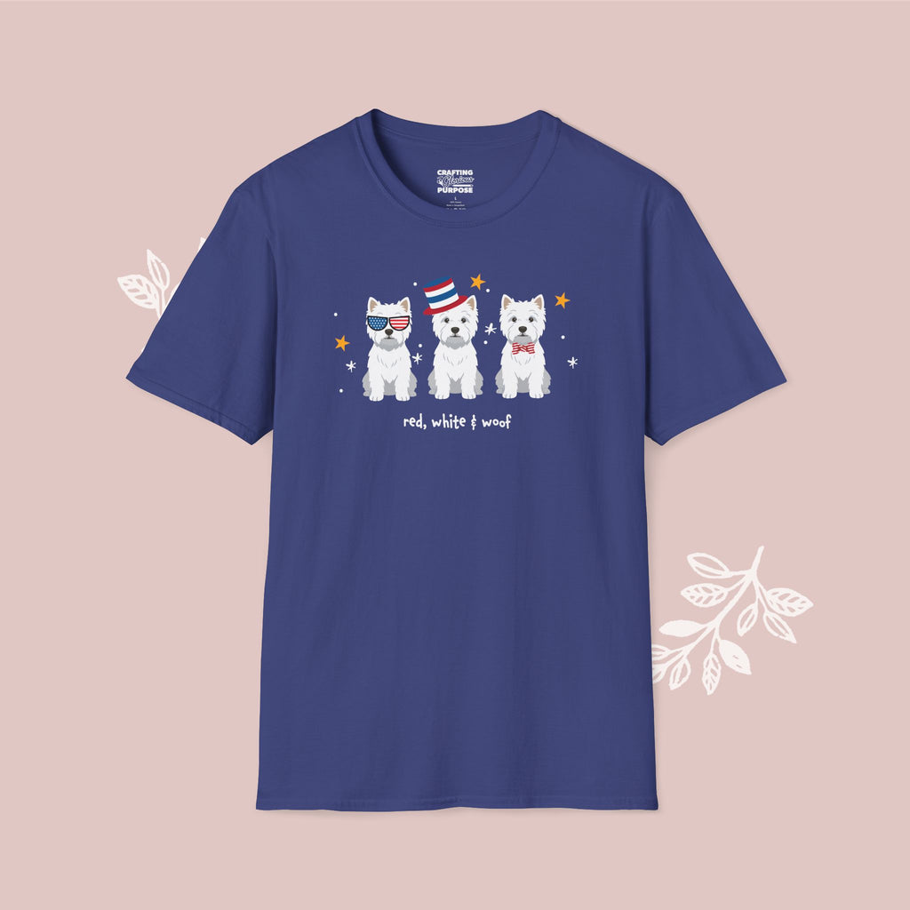 West Highland Terrier Patriotic Dog Trio T-Shirt — 'Red, White & Woof' Cute America Graphic Tee