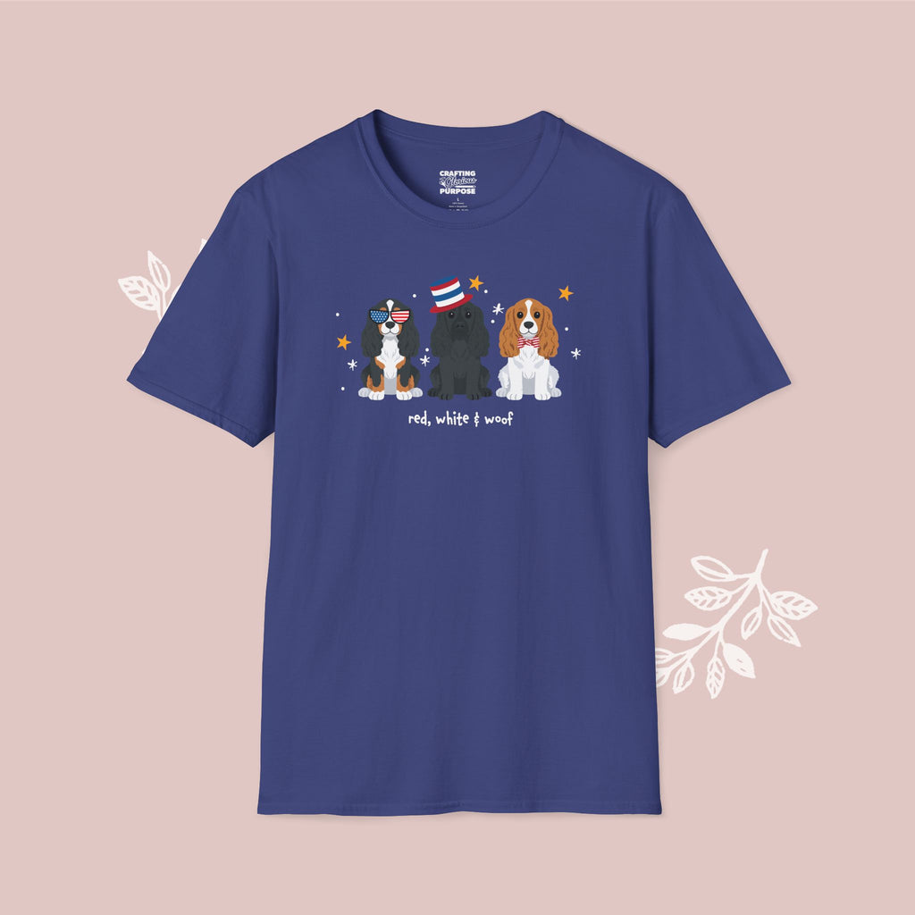 Cocker Spaniel Patriotic Dog Trio T-Shirt — 'Red, White & Woof' Cute America Graphic Tee