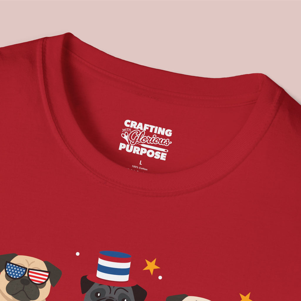 Pug Patriotic Dog Trio T-Shirt — 'Red, White & Woof' Cute America Graphic Tee