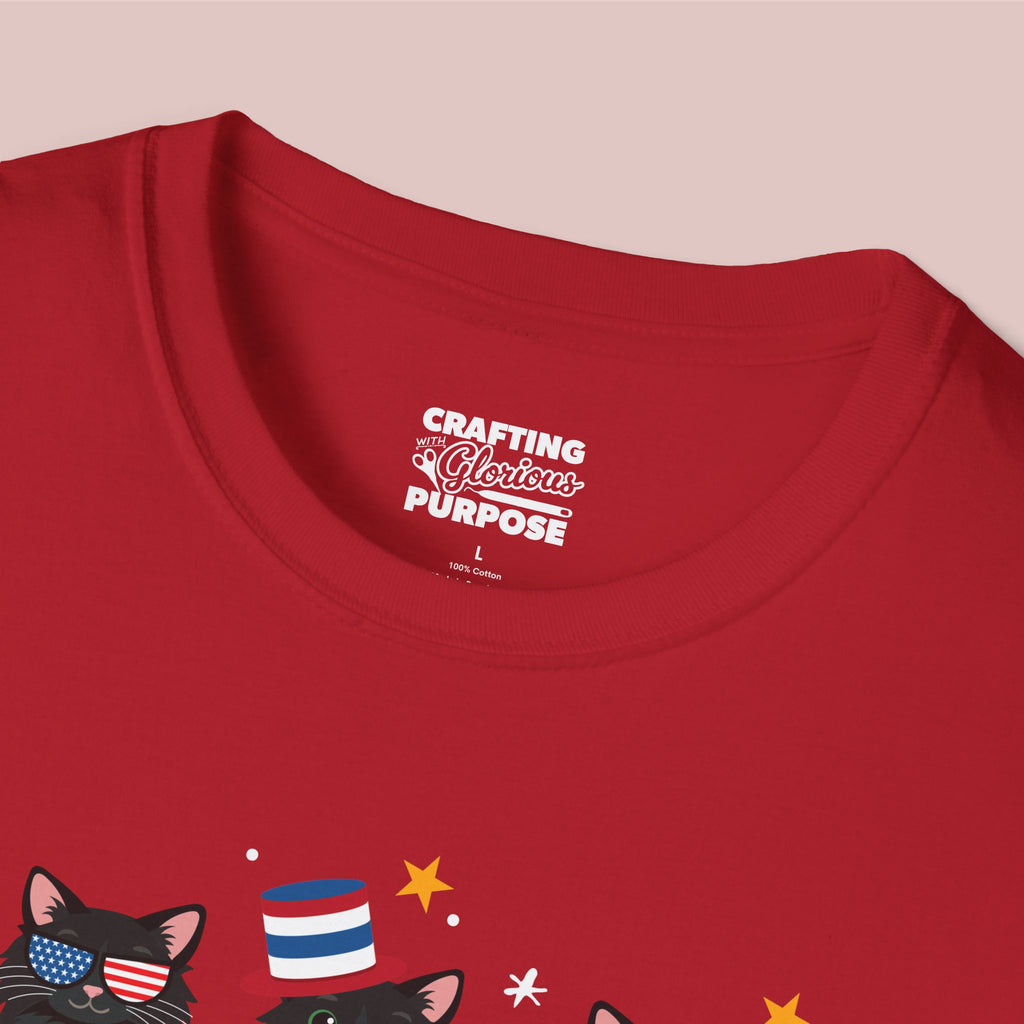 Red t-shirt with a graphic of cats, an American flag, and text on a pink background