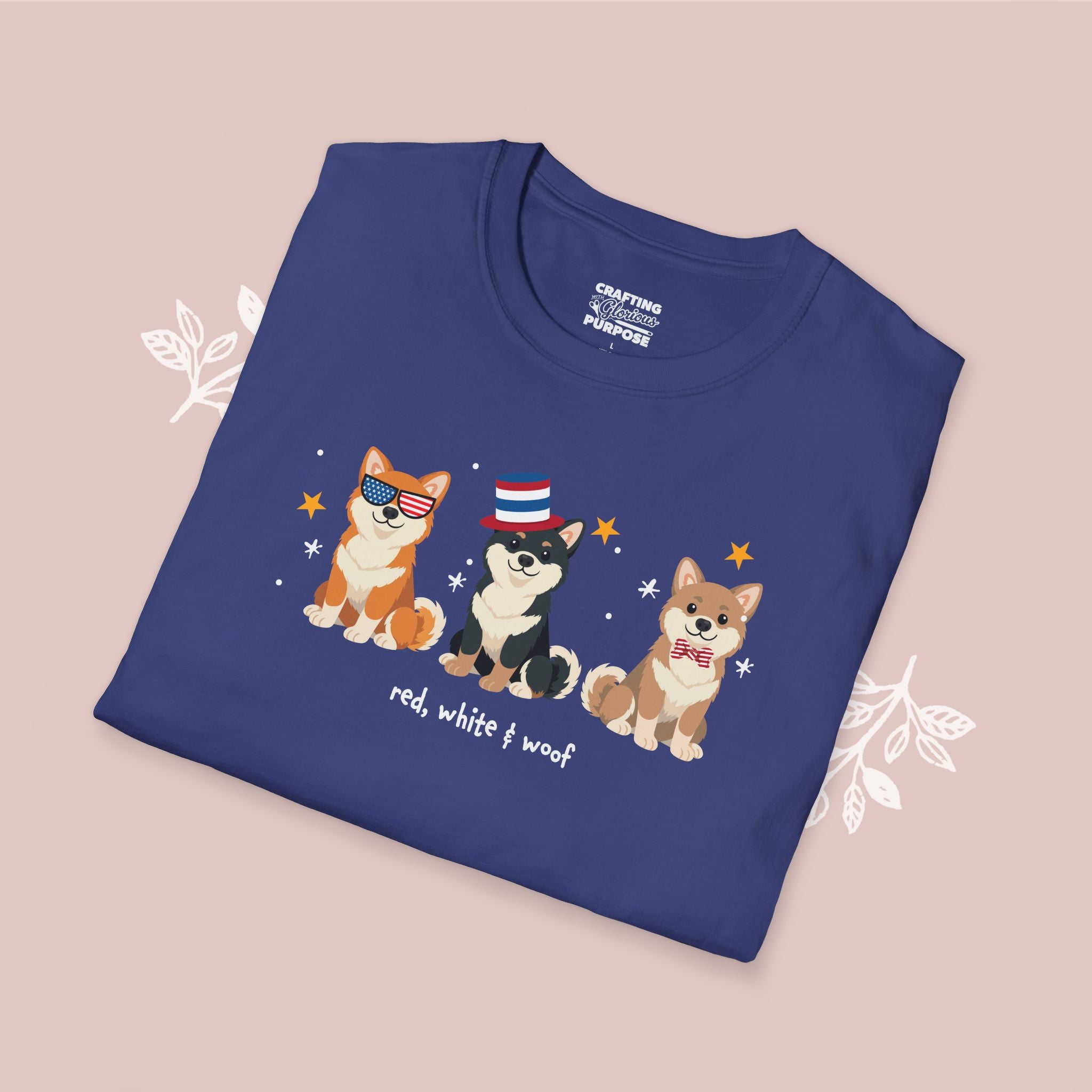 Shiba Inu Patriotic Dog Trio T-Shirt — 'Red, White & Woof' Cute America Graphic Tee
