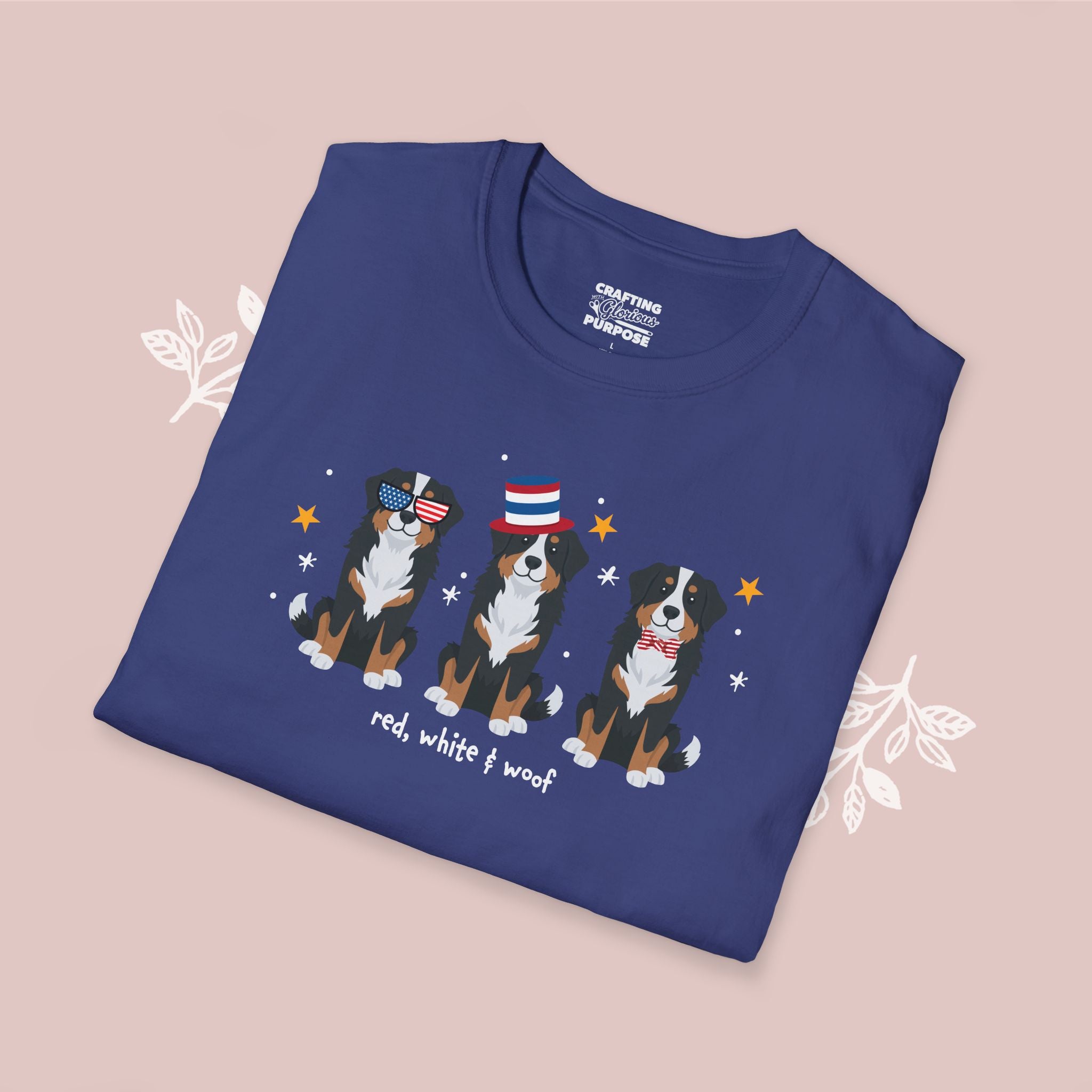 Bernese Patriotic Dog Trio T-Shirt — 'Red, White & Woof' Cute America Graphic Tee