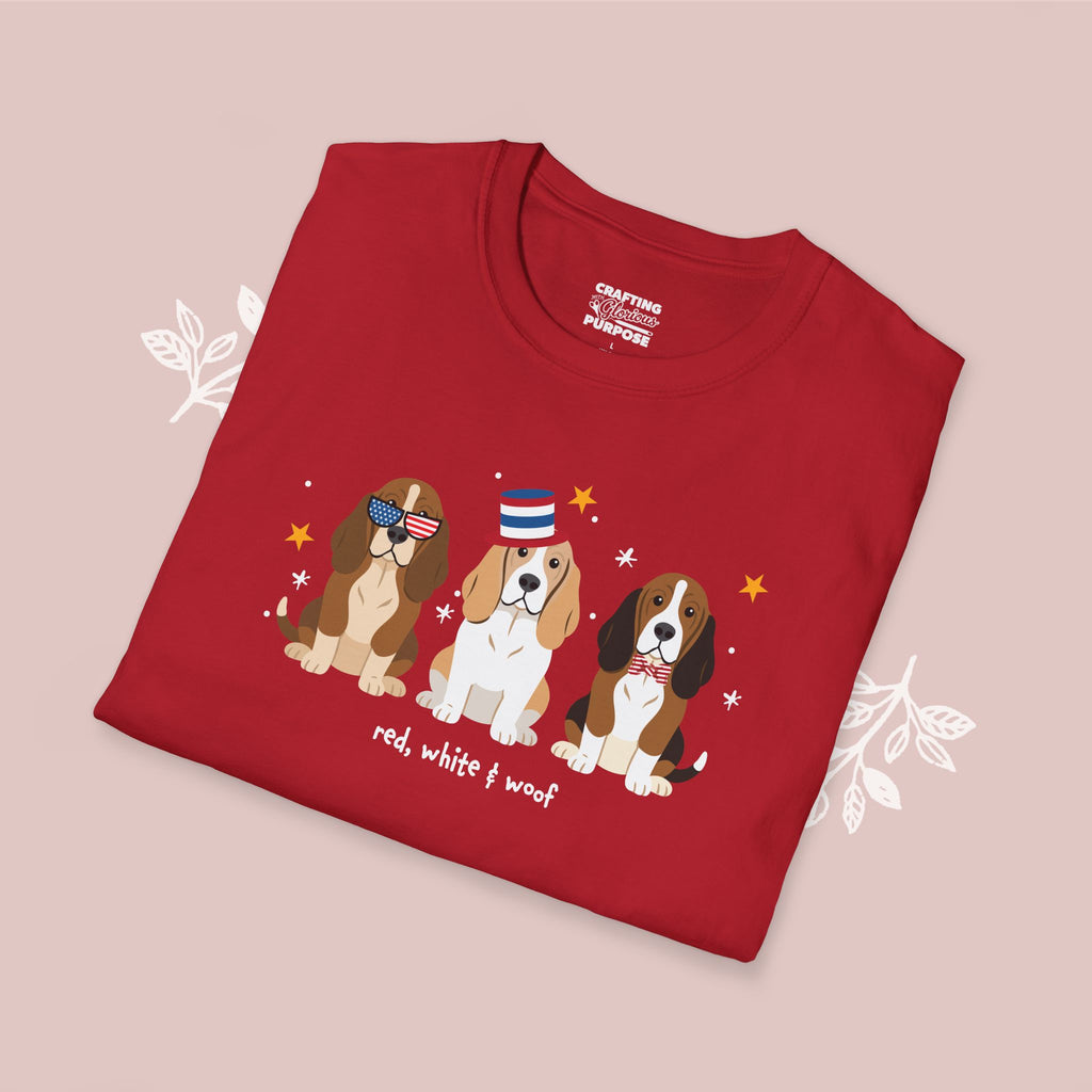 Basset Hound Patriotic Dog Trio T-Shirt — 'Red, White & Woof' Cute America Graphic Tee