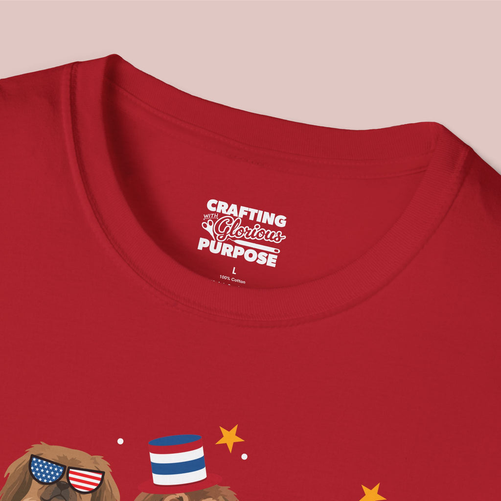 Pekingese Patriotic Dog Trio T-Shirt — 'Red, White & Woof' Cute America Graphic Tee