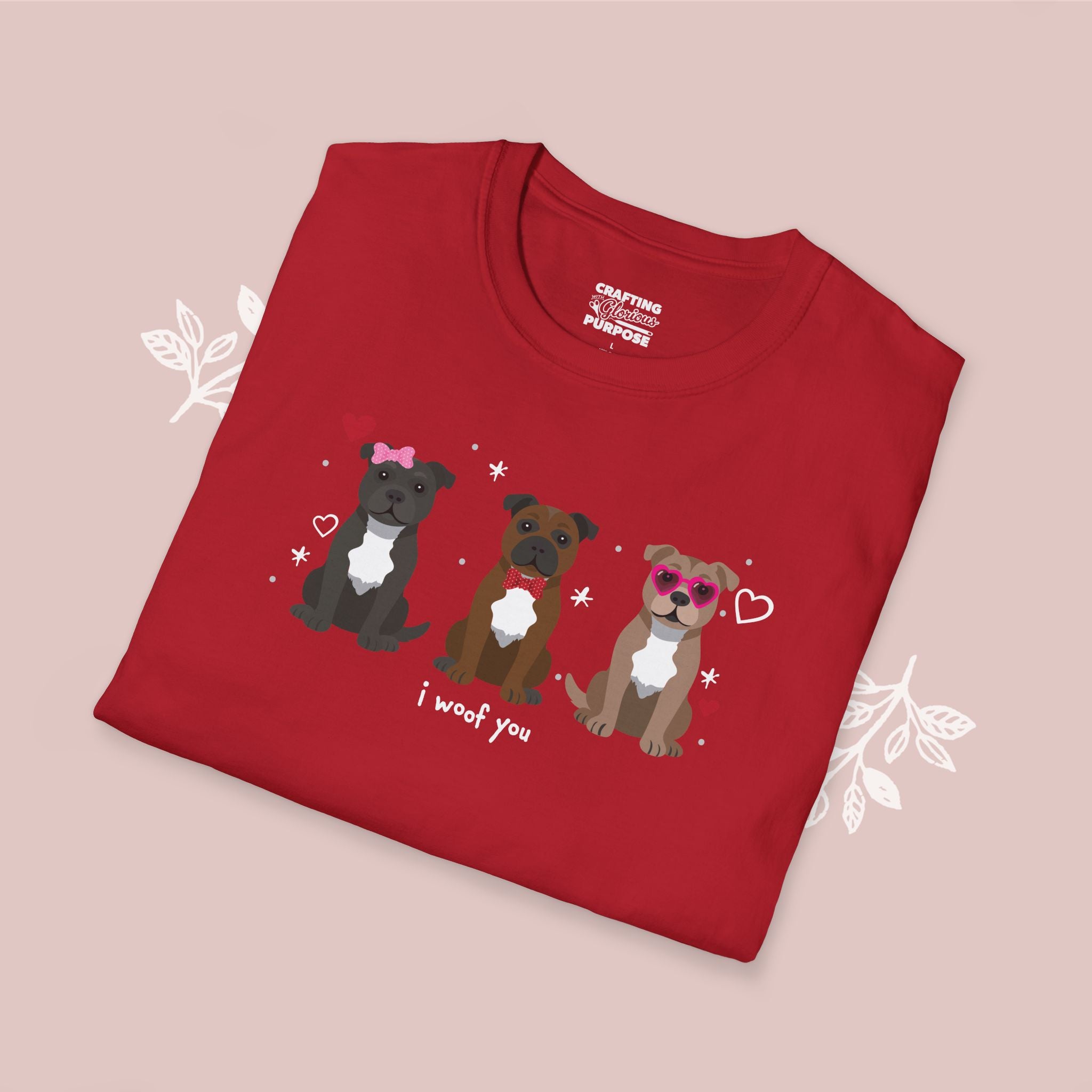 I Woof You Cute Staffordshire Bull Terrier Trio Dog Tee — Valentine's T-Shirt