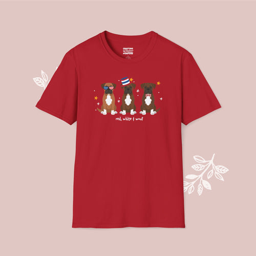 Boxer Patriotic Dog Trio T-Shirt — 'Red, White & Woof' Cute America Graphic Tee