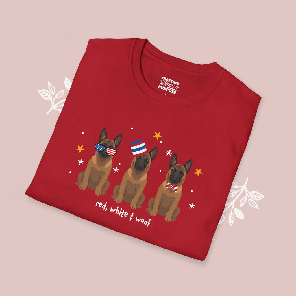 Belgian Malinois Patriotic Dog Trio T-Shirt — 'Red, White & Woof' Cute America Graphic Tee
