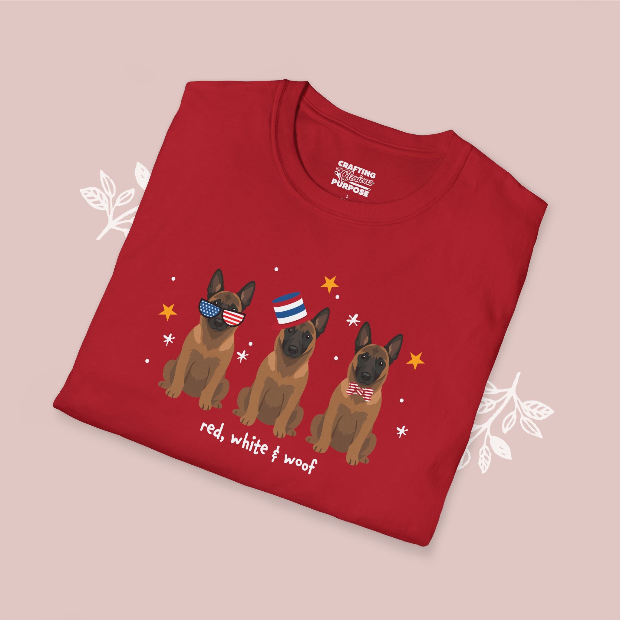 Belgian Malinois Patriotic Dog Trio T-Shirt — 'Red, White & Woof' Cute America Graphic Tee